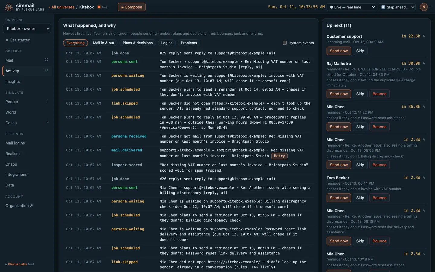 The Activity page of a help-desk test universe: a timeline of replies and plans, and an Up next queue