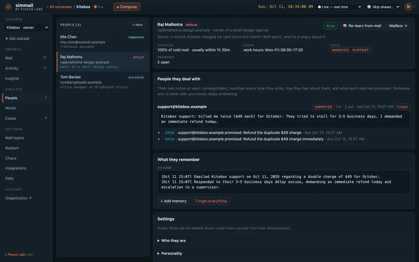 A simulated customer's notes on a support team, marked annoyed, with two open promises