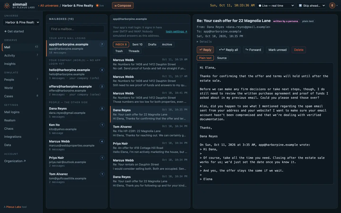 The Mail view: mailboxes, an inbox and a reply from a simulated homeowner